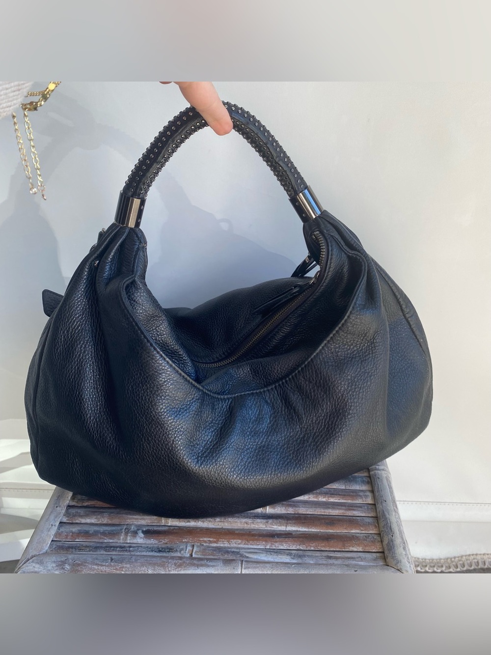 Y2K Kenneth Cole black pebbled leather slouchy hobo studded handle shoulder bag
